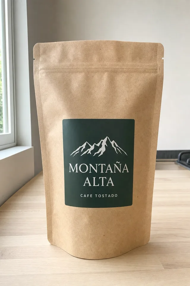 Foto de catálogo de una bolsa de café Montaña Alta sobre una mesa de madera, junto a una ventana